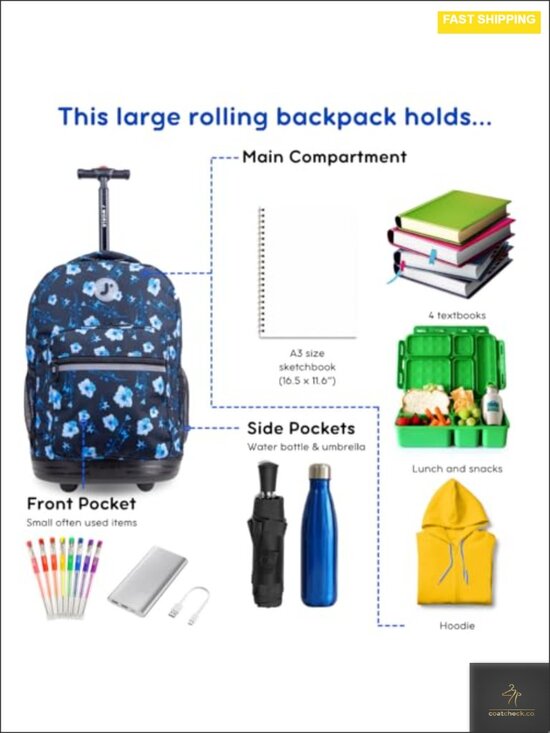 Rolling Backpack with Wheels for School, 18x13x9, Large Capacity, Durable, main image 5